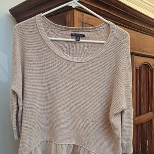 Beige Knit Sweater with Sheer Hem